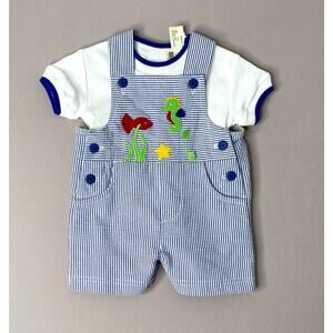 NWT Florence Eiseman Blue Seersucker Sea Life Shortall & T-Shirt Set Boys 6 Mo